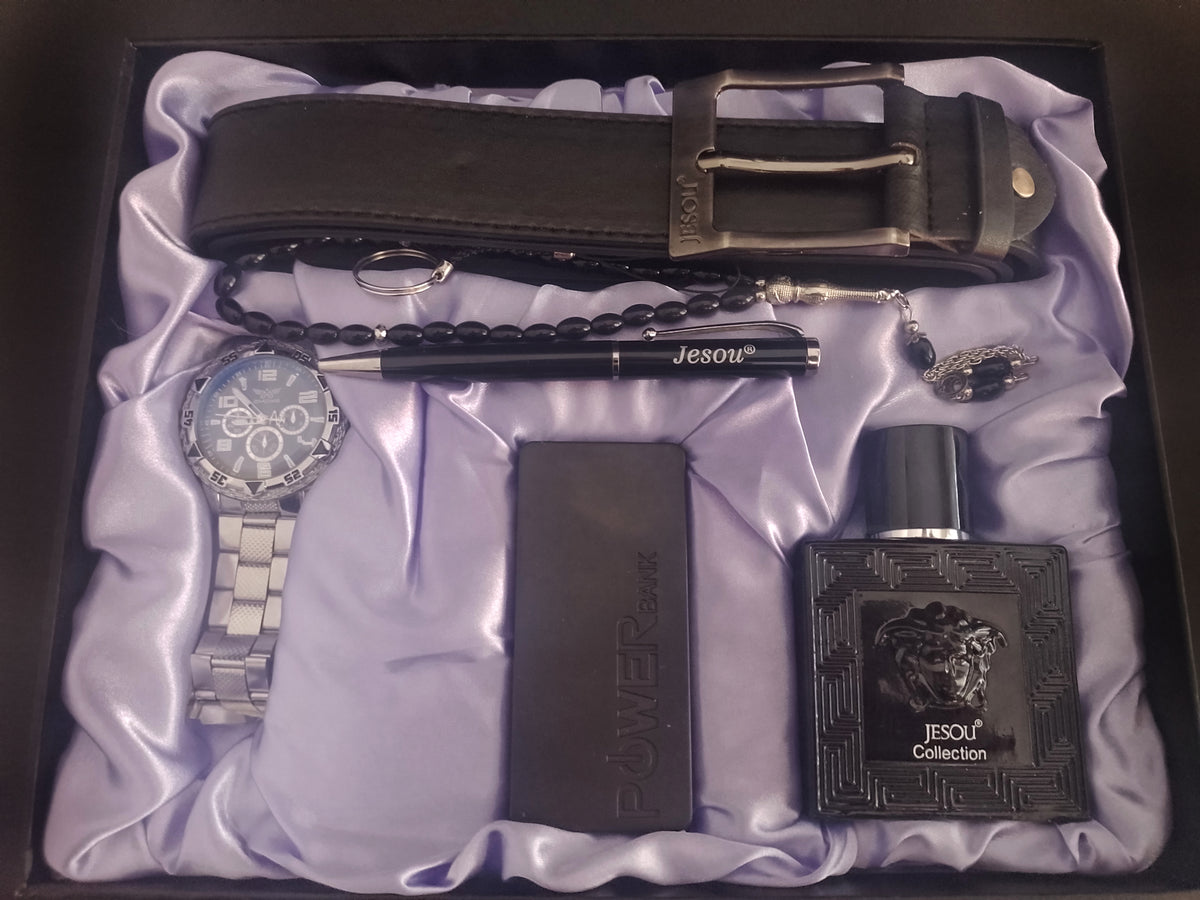 Kit de regalo para hombre JESOU 6 en 1 con reloj, perfume, power bank, cinturón, bolígrafo y pulsera en caja elegante